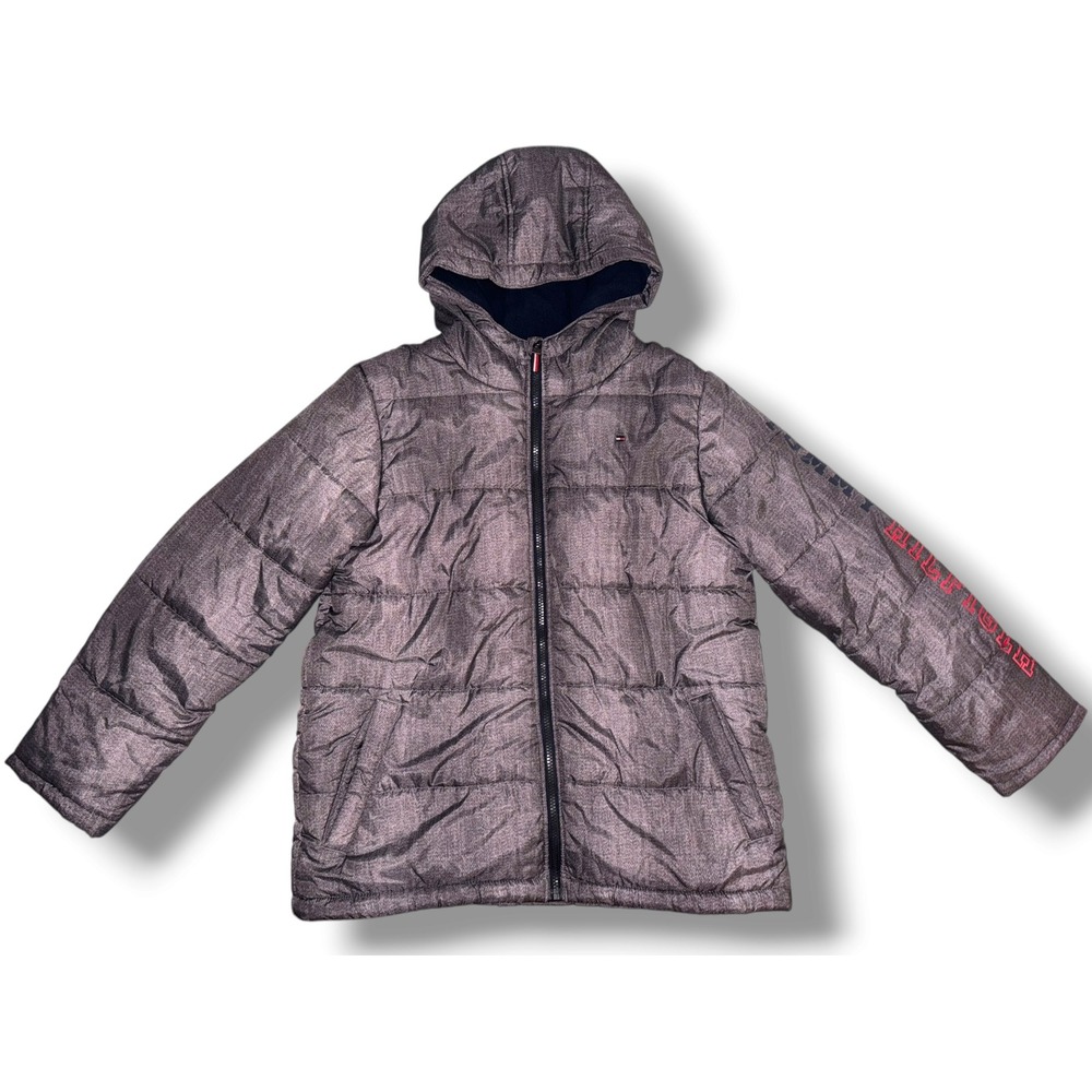 Tommy Hilfiger Puffer Jacket Kids Boys XL 18/20 Grey Hooded Fleece Lined